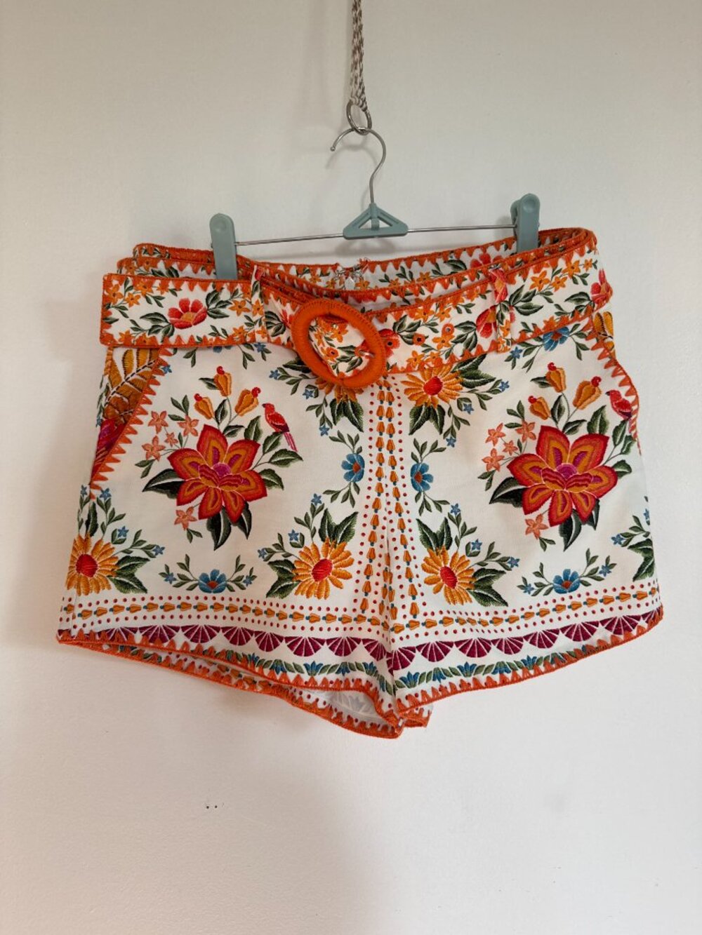 Farm Rio embroidered floral print bloom garden white orange belted cotton shorts